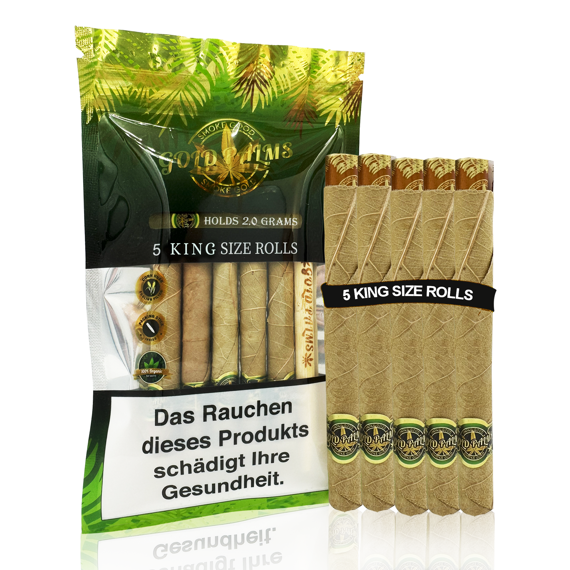 Ein angezündeter Gold Palms Blunt Wrap in Aktion, zeigt die natürliche Verbrennung und Rauchqualität.