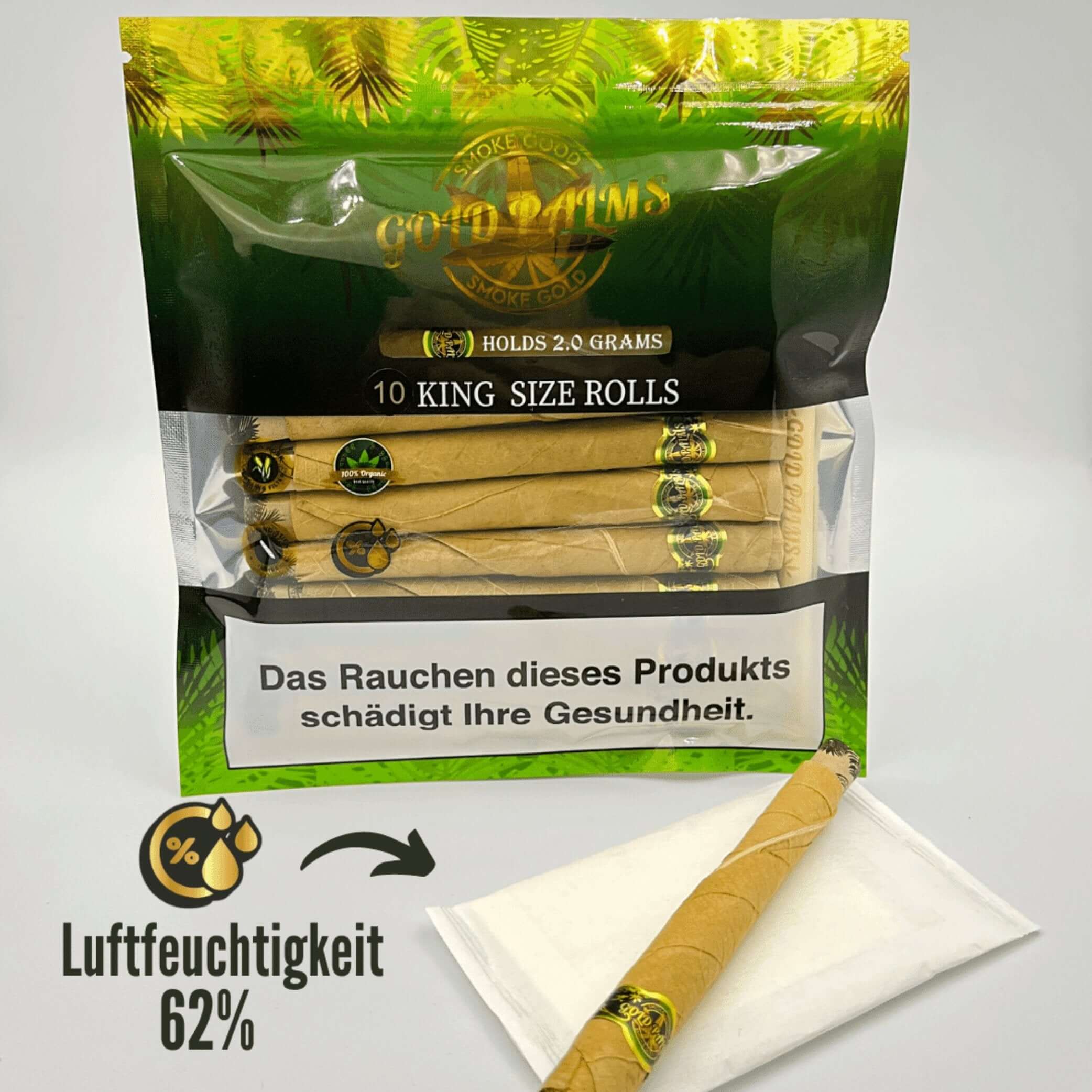 Nahaufnahme der Gold Palms Beedi Blunt Wraps, hervorhebend die Qualität und Textur der organischen Tendublätter.