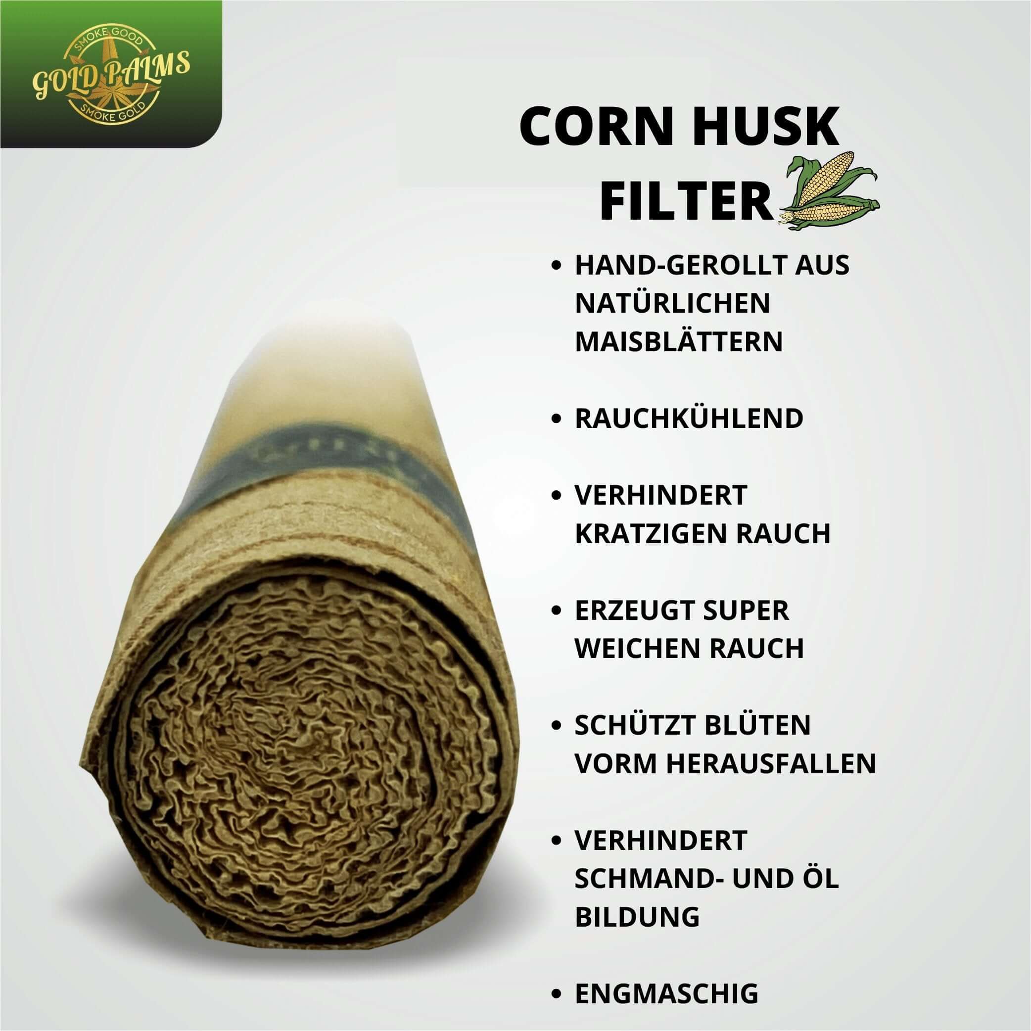 etailaufnahme des Corn Husk Mais Filters in einem Gold Palms Blunt, zeigt die innovative Filtertechnik