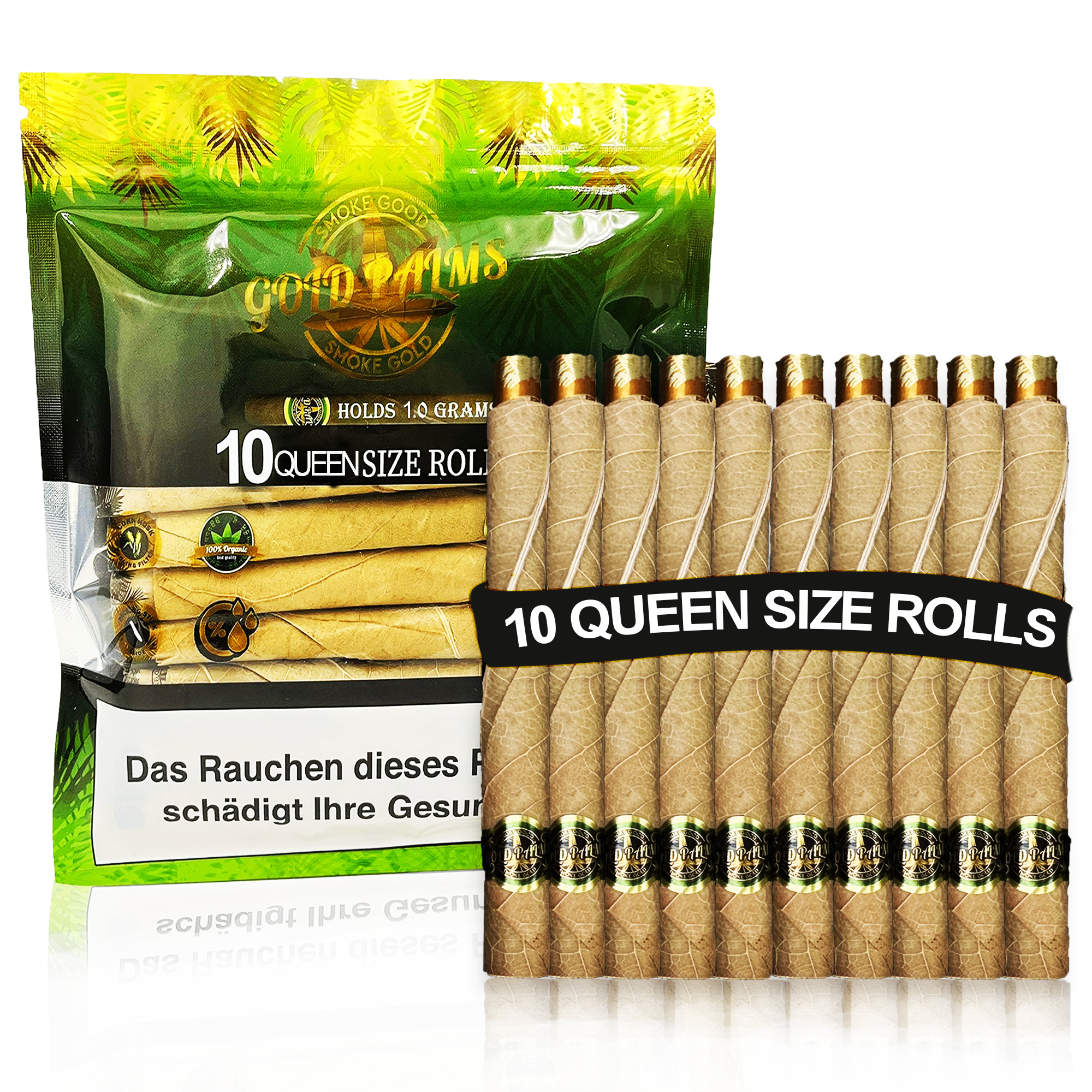 10er Pack Gold Palms Beedi Blunt Wraps Queen Size – größere Blunts für längeren Genuss, handgerollt aus hochwertigen biologischen Tendublättern.