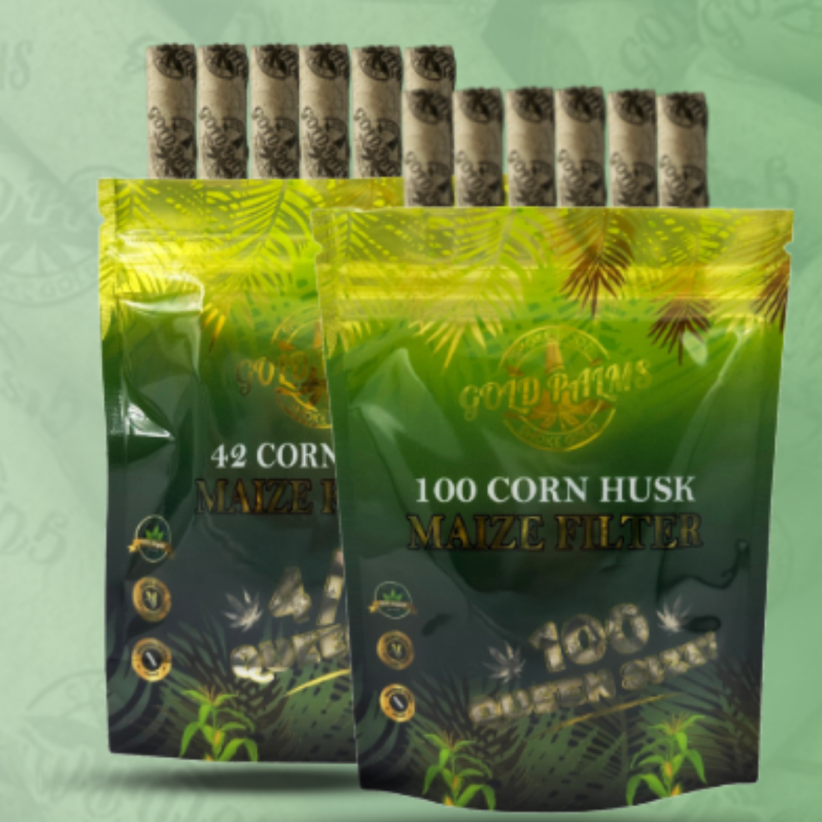 Geöffnetes GOLD PALMS Corn Husk Filter 100er Pack, zeigt einzelne 6-8mm Maisblattfilter