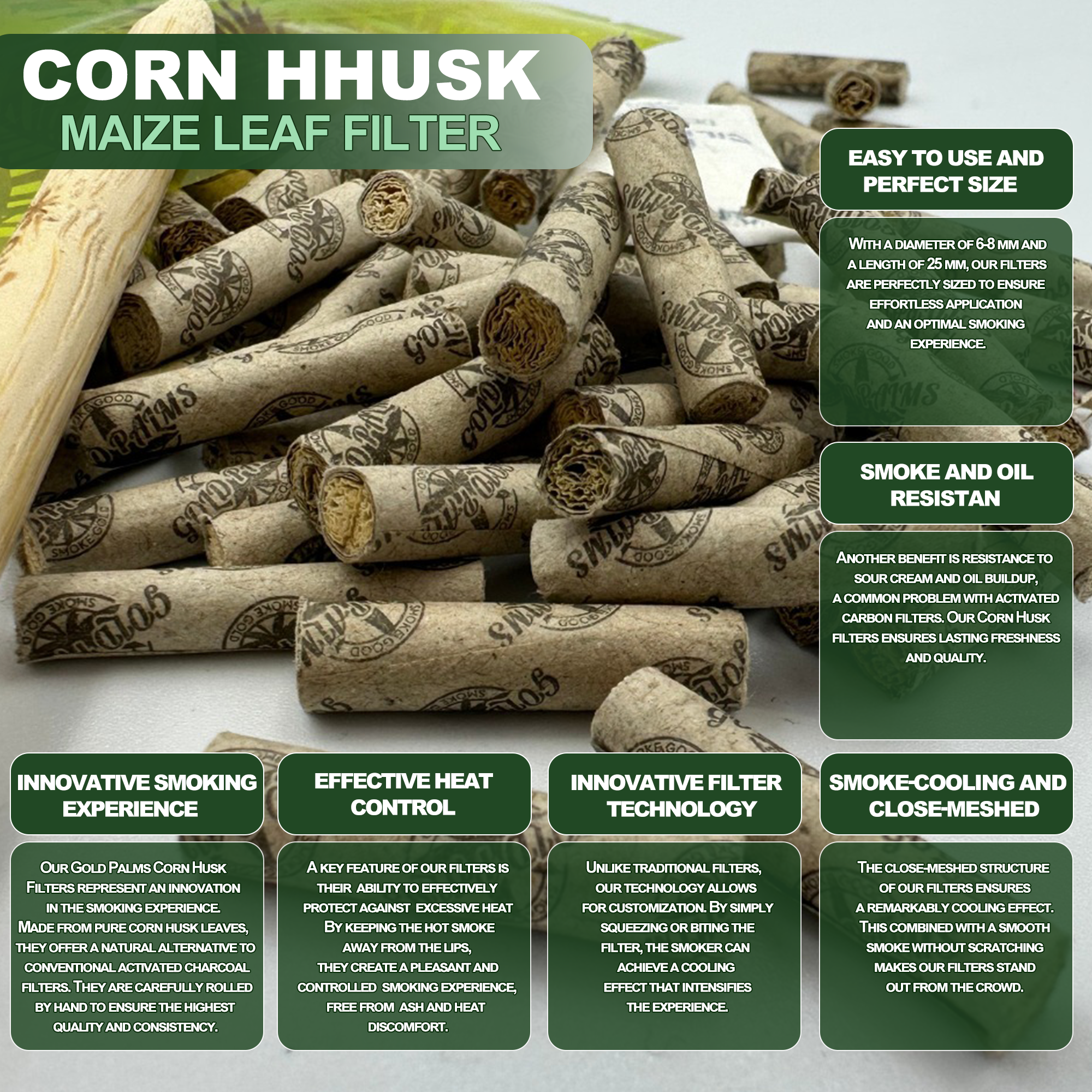 GOLD PALMS Corn Husk Filter als umweltbewusste Rauchoption, biologisch abbaubar und nachhaltig.