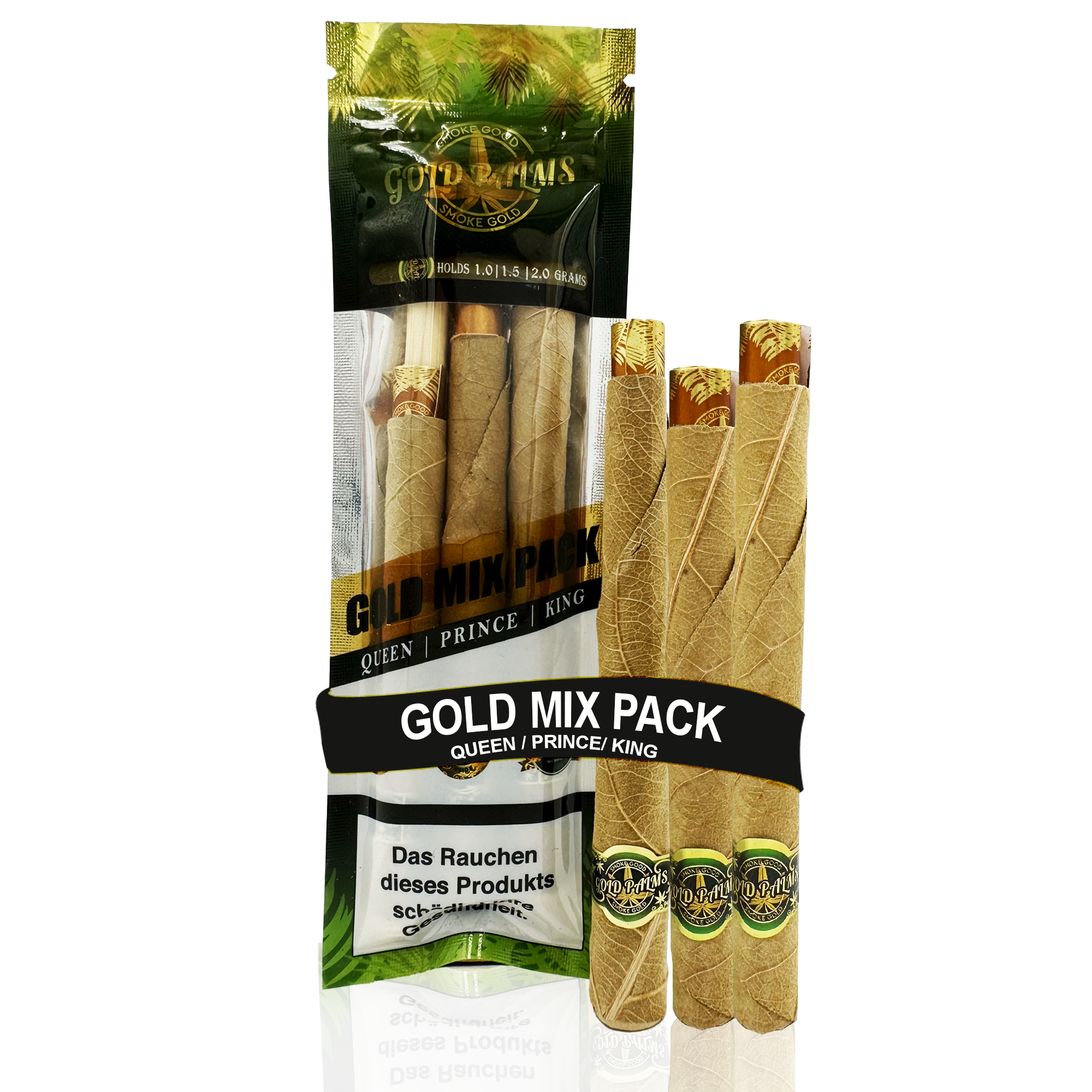 Illustration zeigt verschiedene Größen der Gold Palms Blunt Wraps im 'Gold Mix' Pack, ideal für unterschiedliche Vorlieben.