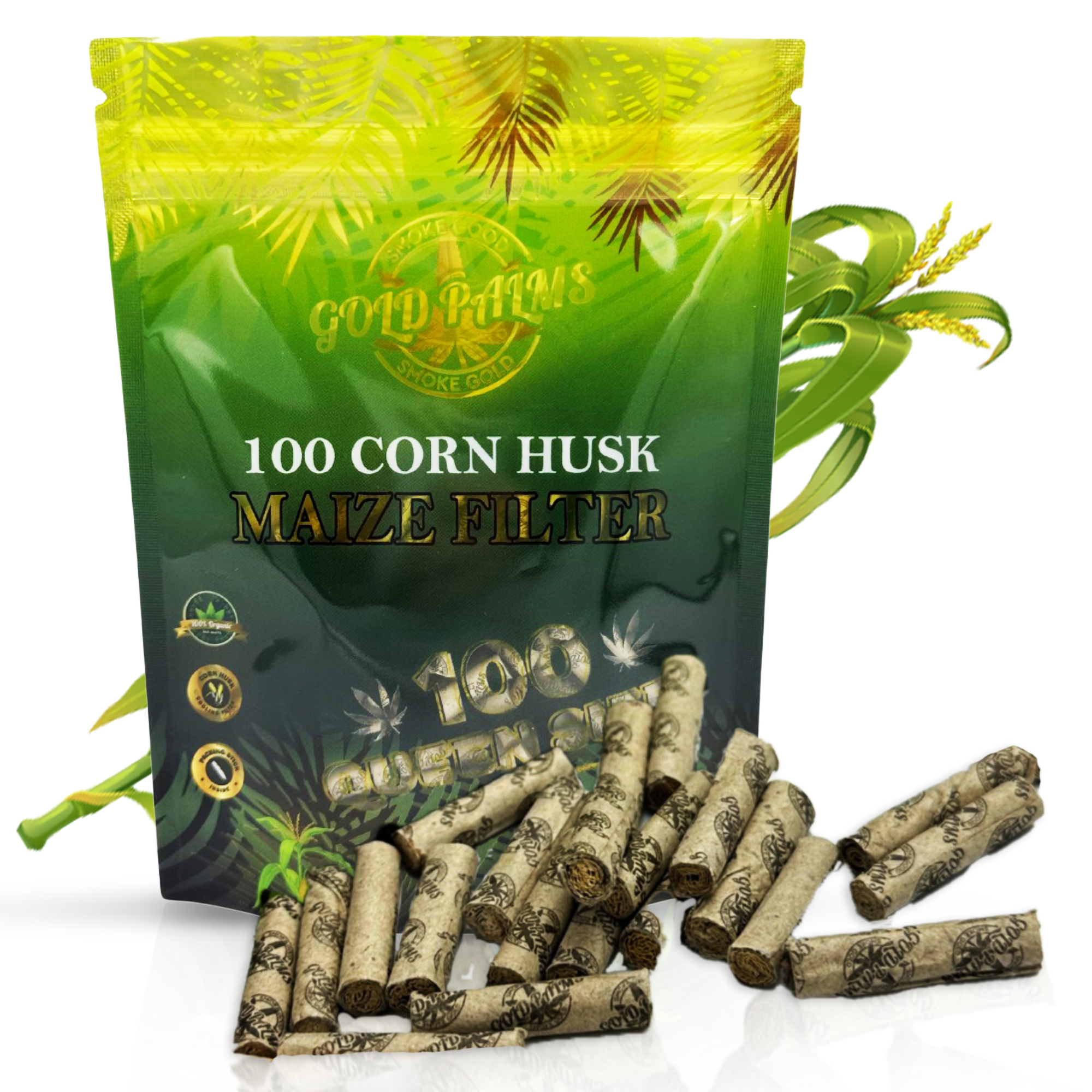 Vorderansicht des GOLD PALMS Corn Husk Filter 100er Packs, nachhaltige Maisblattfilter für Zigaretten und Joints