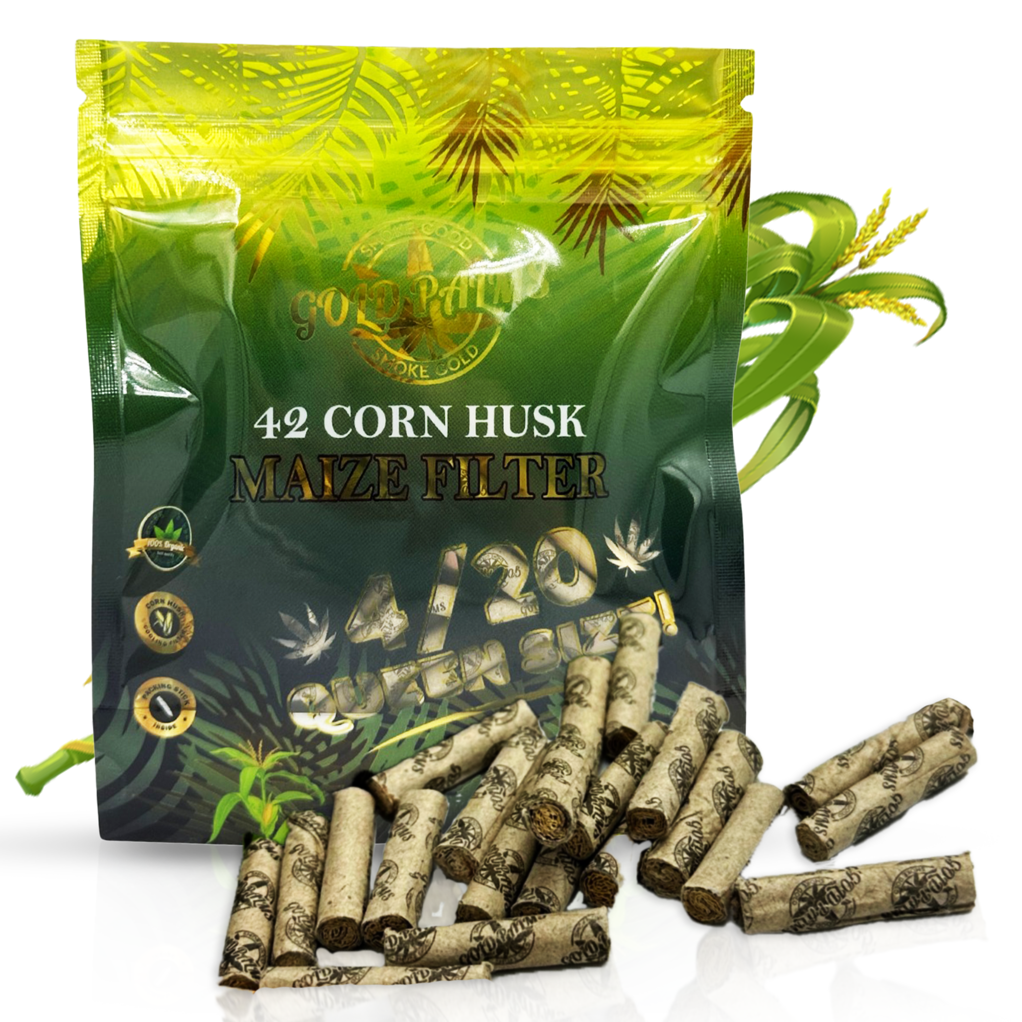 Verpackung der GOLD PALMS Corn Husk Filter 4/20 Pack, umweltfreundliche Maisblattfilter für ein reines Raucherlebnis