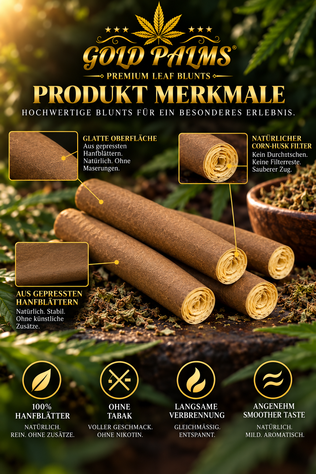 GOLD PALMS® Hemp Blunt Tubes – Detailansicht
