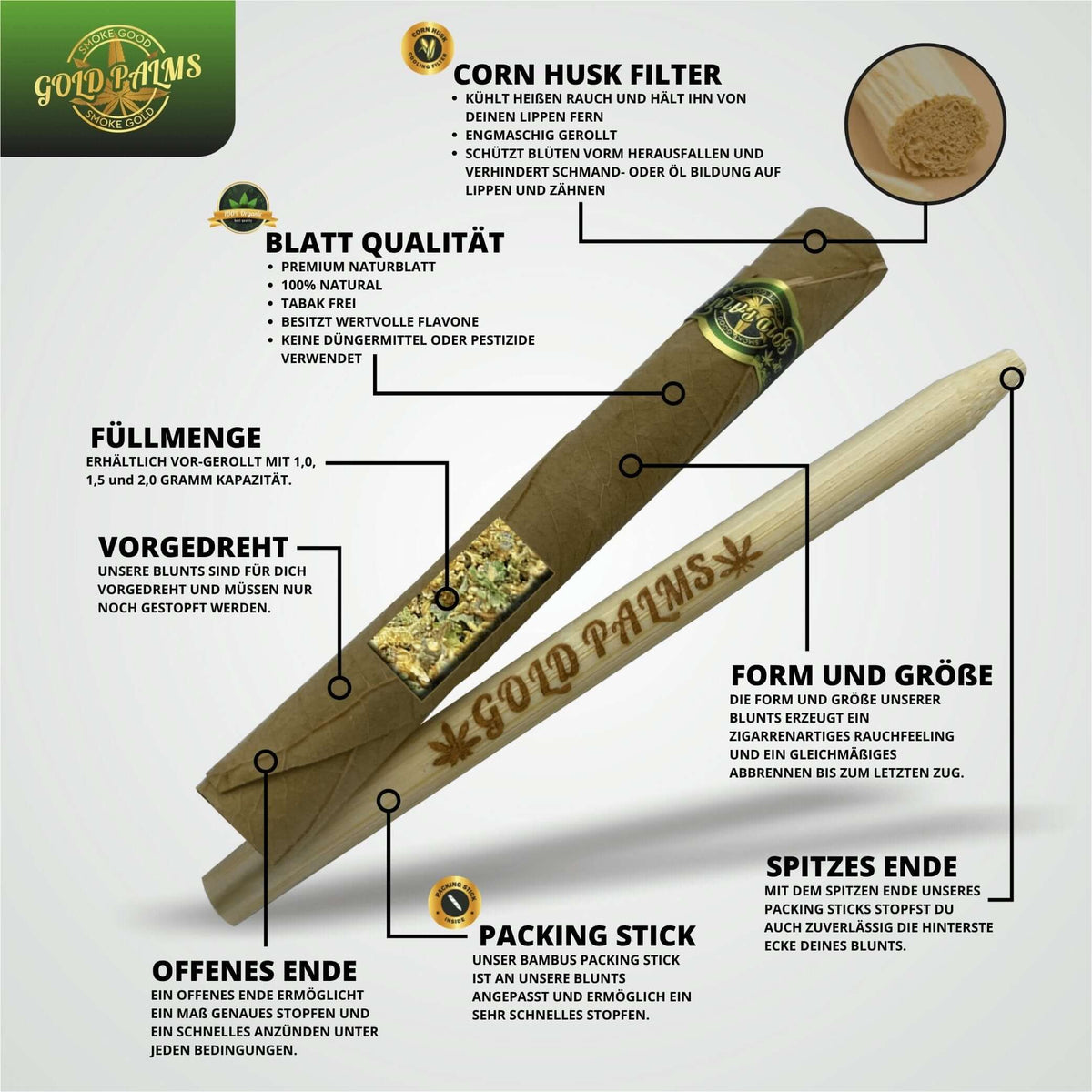 Detailaufnahme des innovativen Corn Husk Mais Filters in einem Gold Palms Blunt, betont die hochwertige Verarbeitung und Funktion.