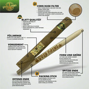 Detailaufnahme des innovativen Corn Husk Mais Filters in einem Gold Palms Blunt, betont die hochwertige Verarbeitung und Funktion.