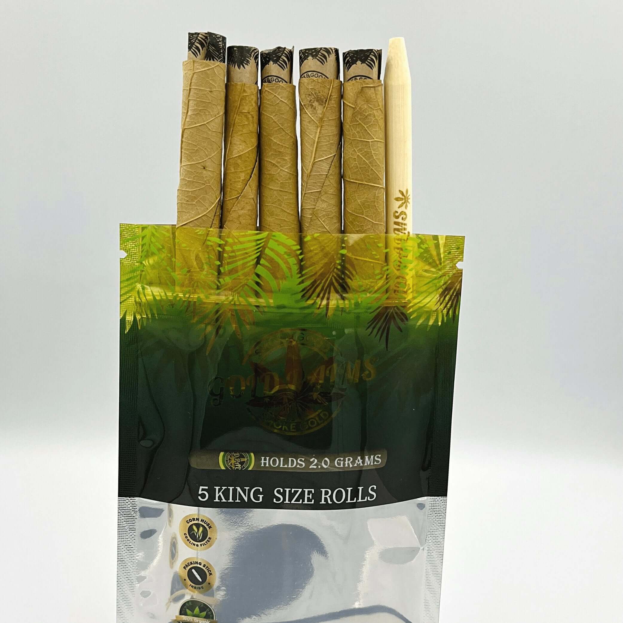 Gold Palms 5er Pack Beedi Blunts neben dem Humidor-Pack, welches die Frische und Qualität der Blunts erhält.
