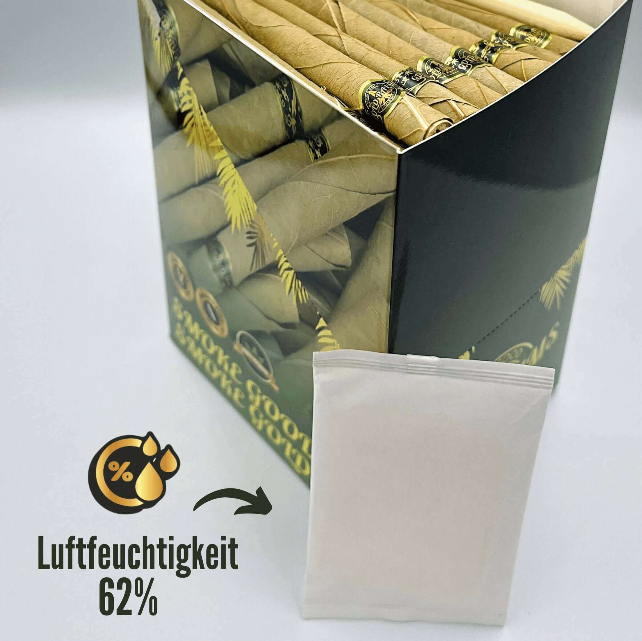 Humidor Pack in der Gold Palms Bulk Box, sorgt für optimale Frische und Luftfeuchtigkeit der Blunts.
