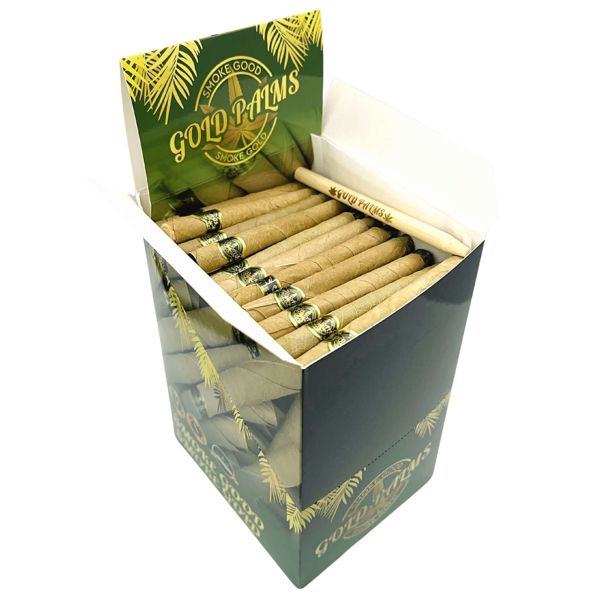 Überblick über die gefüllte Gold Palms Bulk Box, zeigt über 100 sorgfältig angeordnete Blunt Wraps.